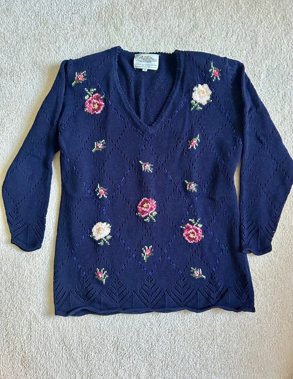 Vintage Grannycore Knit Navy Pink Sweater Embroidered Floral Susan Bristol